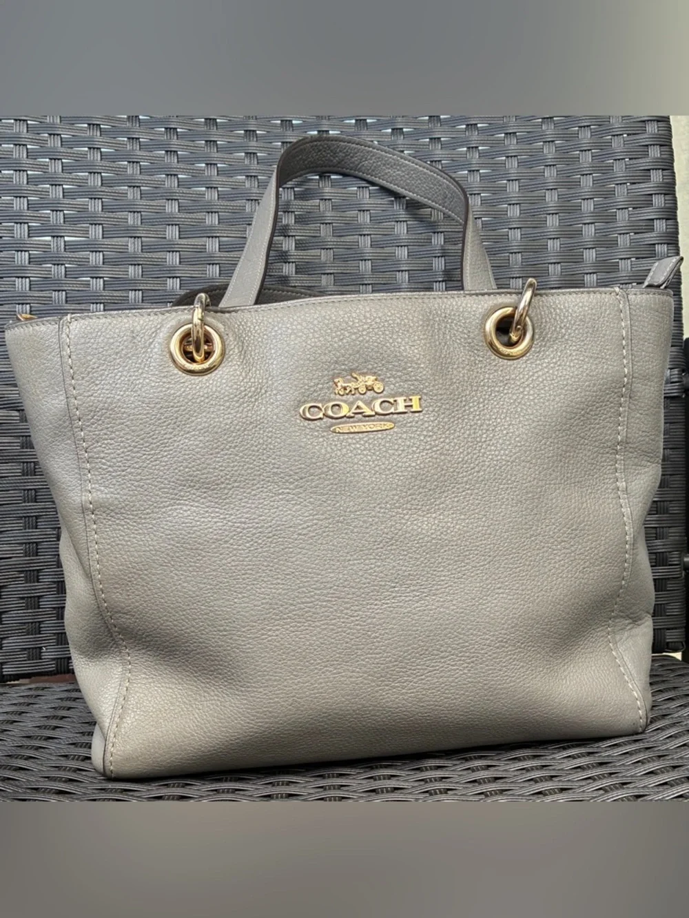 COACH Pebbled Leather Tote in Light Gray with Gold Hardware
